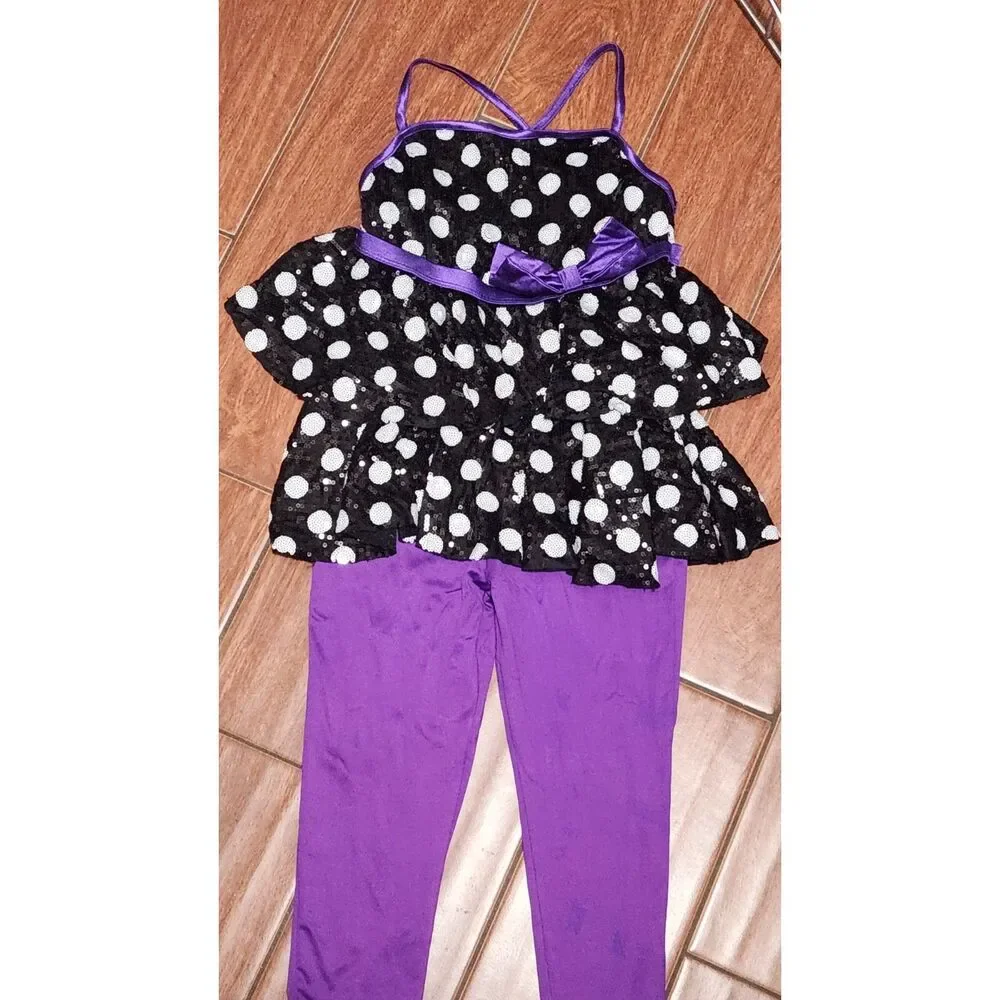 Weissman Costumes Polka Dot Catsuit w/ Bow leotard dance over Leggings MC 10/12